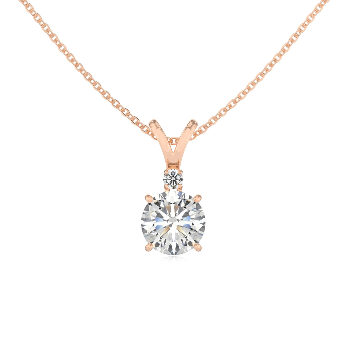 lab grown moissanite round solitaire v-bale necklaces in rose gold 