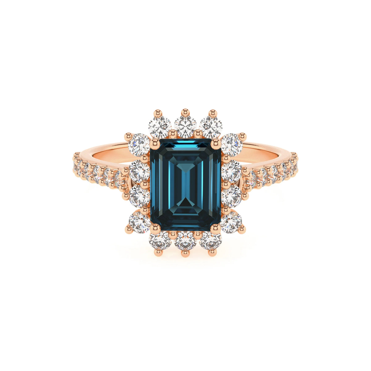 natural london-blue-topaz emerald cut solitaire rings in rose gold 