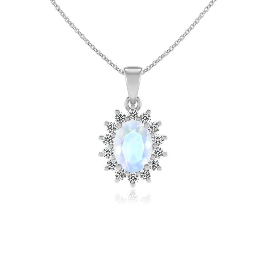 natural rainbow-moonstone oval halo necklaces in white gold 