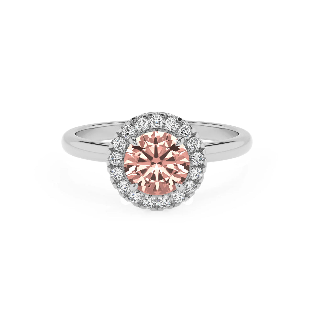 lab grown morganite round solitaire rings in platinum 
