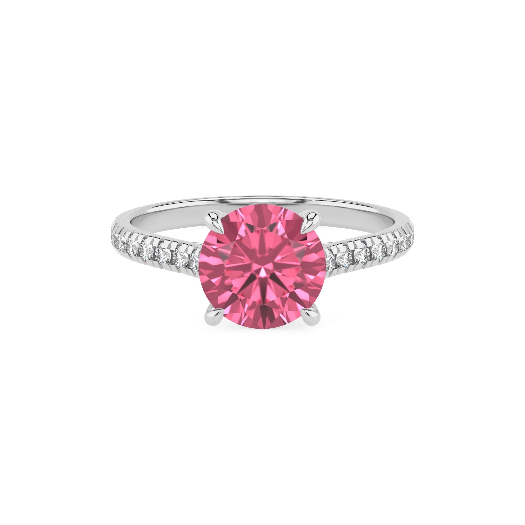 lab grown pink-tourmaline round half eternity solitaire engagement rings in white gold 