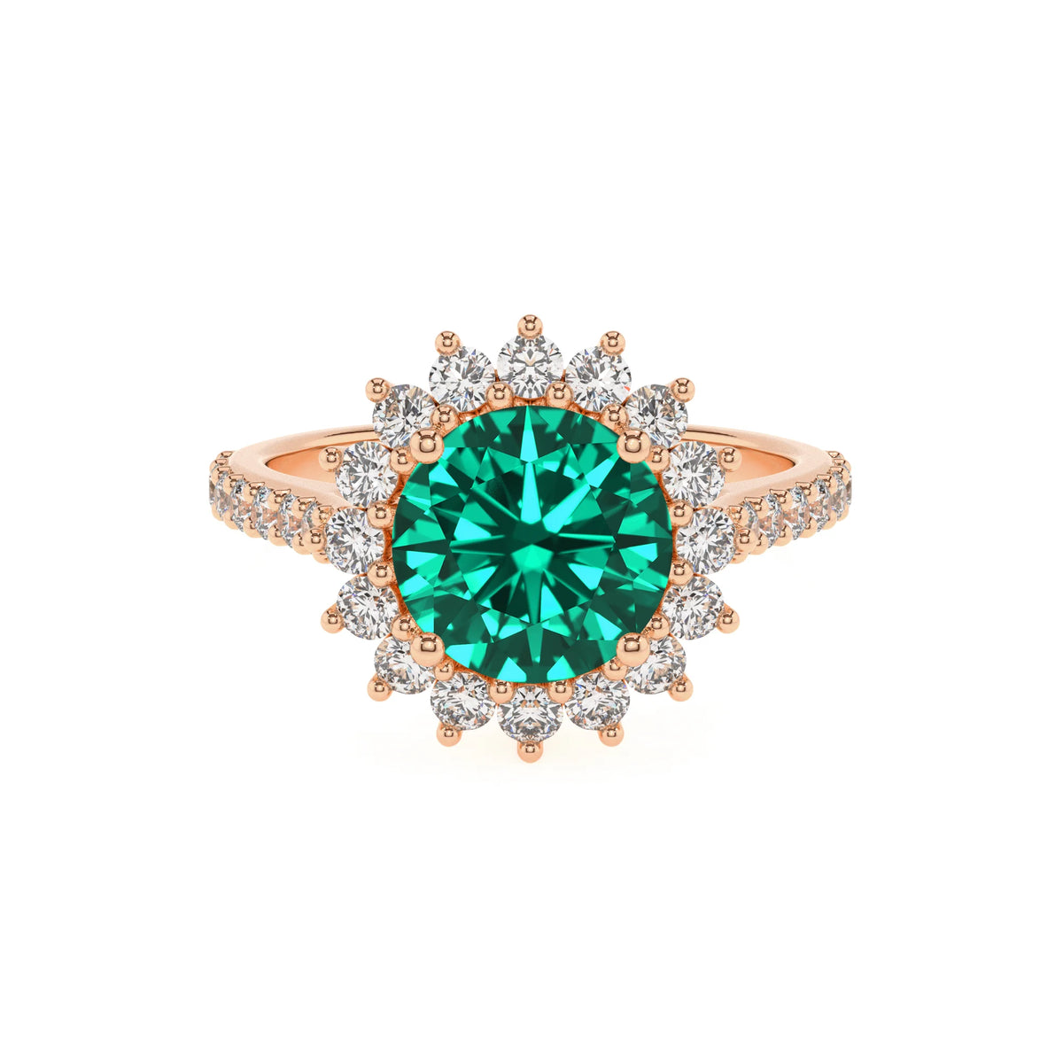 lab grown emerald round solitaire rings in rose gold 