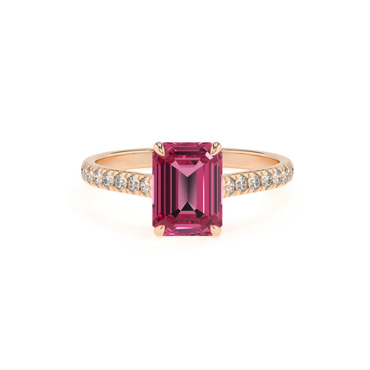 lab grown pink-tourmaline emerald cut half eternity solitaire engagement rings in rose gold 