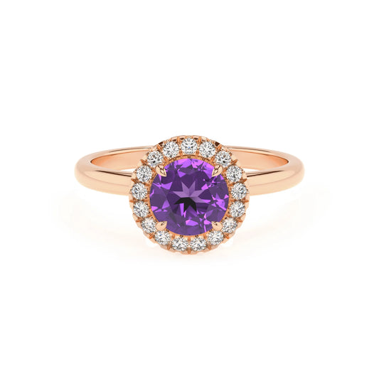 lab grown amethyst round solitaire rings in rose gold 