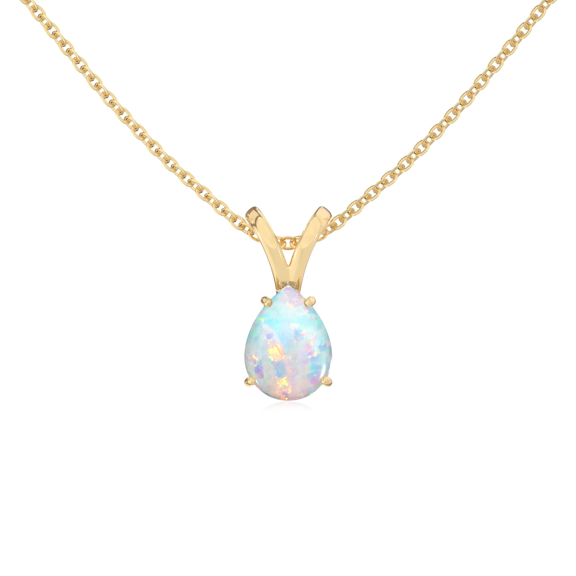 lab grown opal pear solitaire v-bale necklaces in yellow gold 