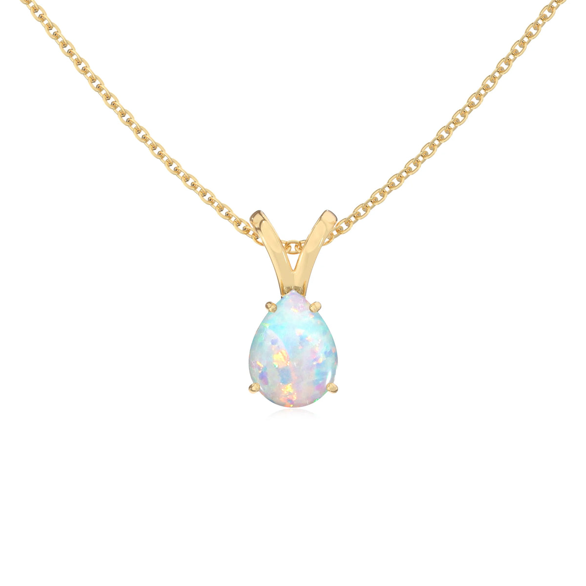 lab grown opal pear solitaire v-bale necklaces in yellow gold 