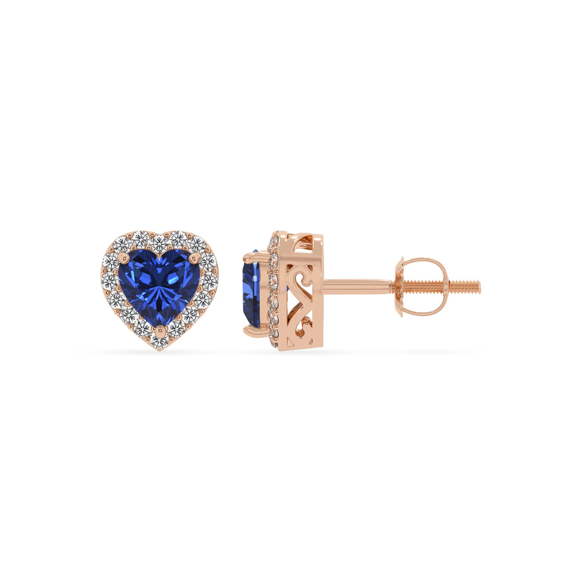lab grown blue sapphire heart stud earrings in rose gold 
