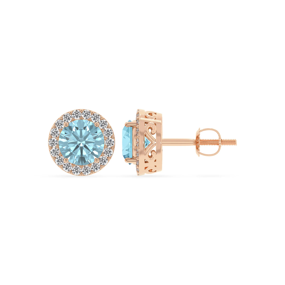 lab grown aquamarine round stud earrings in rose gold 