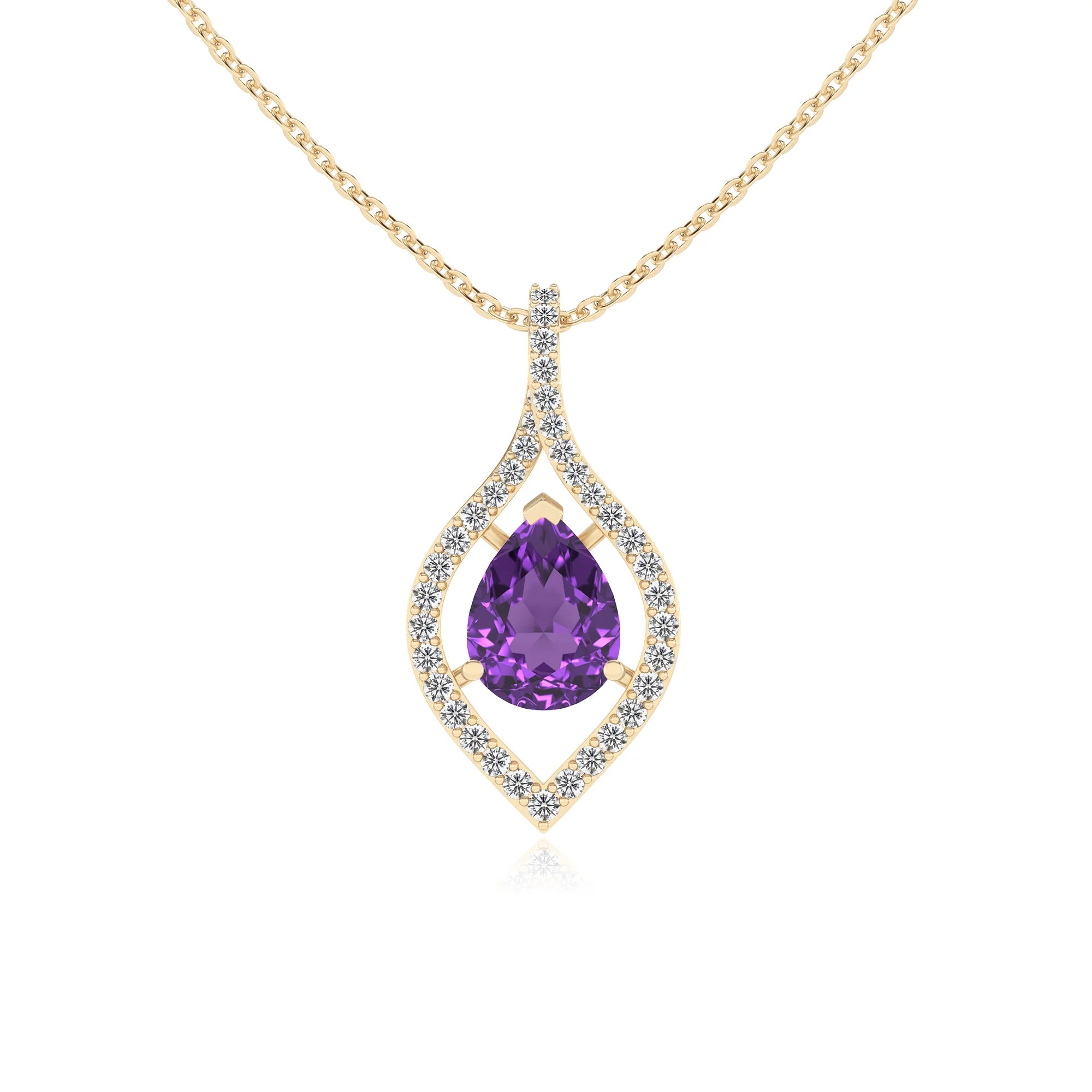 lab grown amethyst pear infinity necklaces in yellow gold 