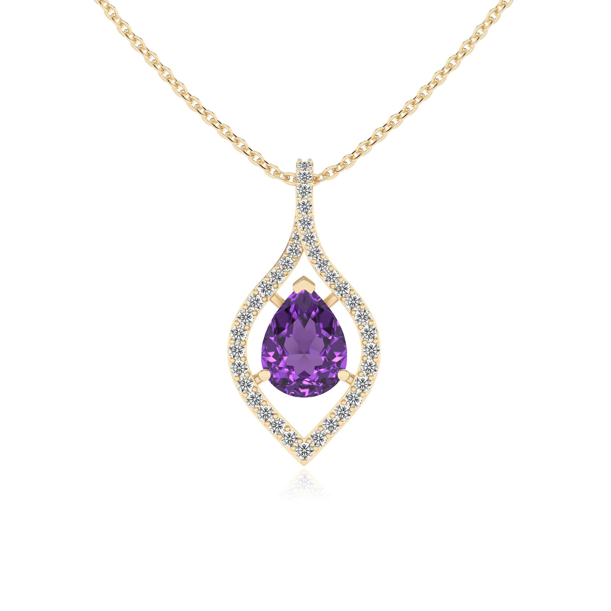 lab grown amethyst pear infinity necklaces in yellow gold 