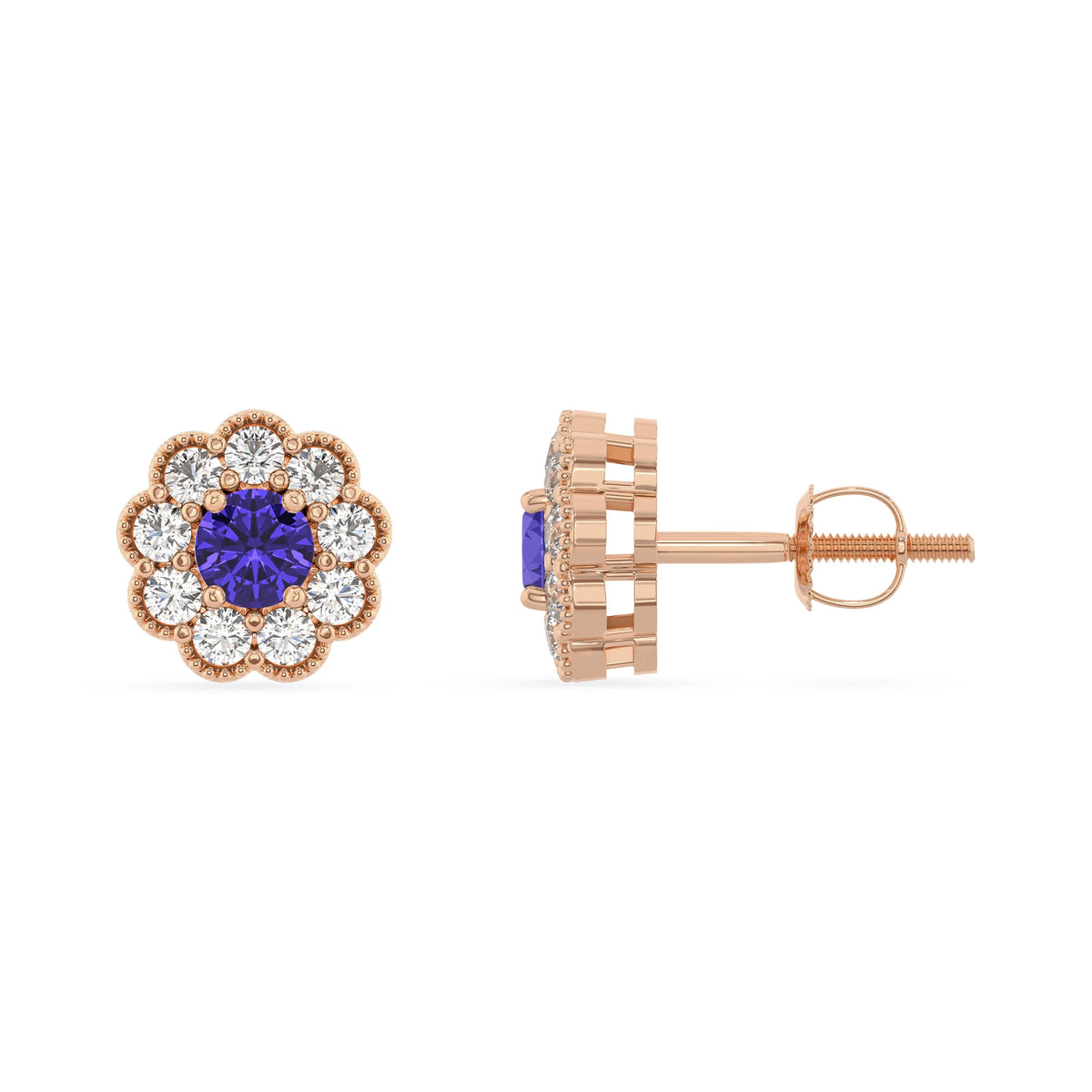 lab grown tanzanite round stud earrings in rose gold 
