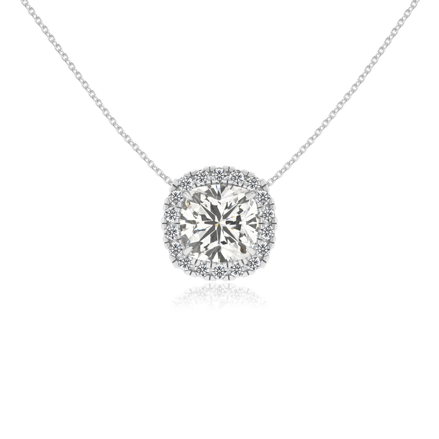 lab grown moissanite cushion solitaire necklaces in sterling silver 