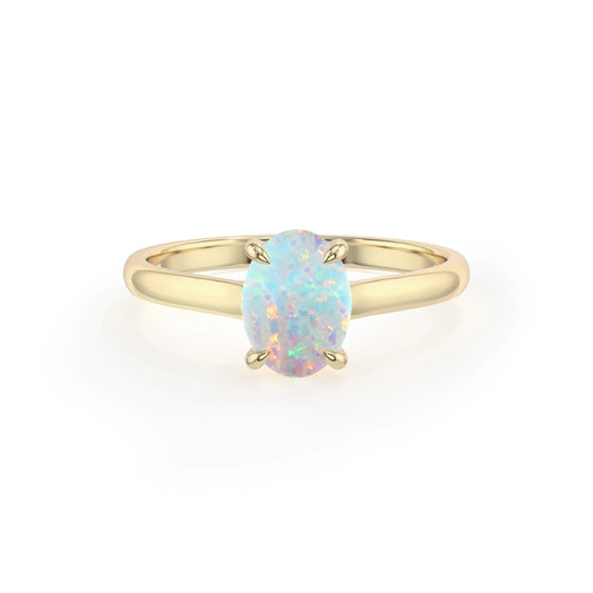 lab grown opal oval solitaire rings in yellow gold 