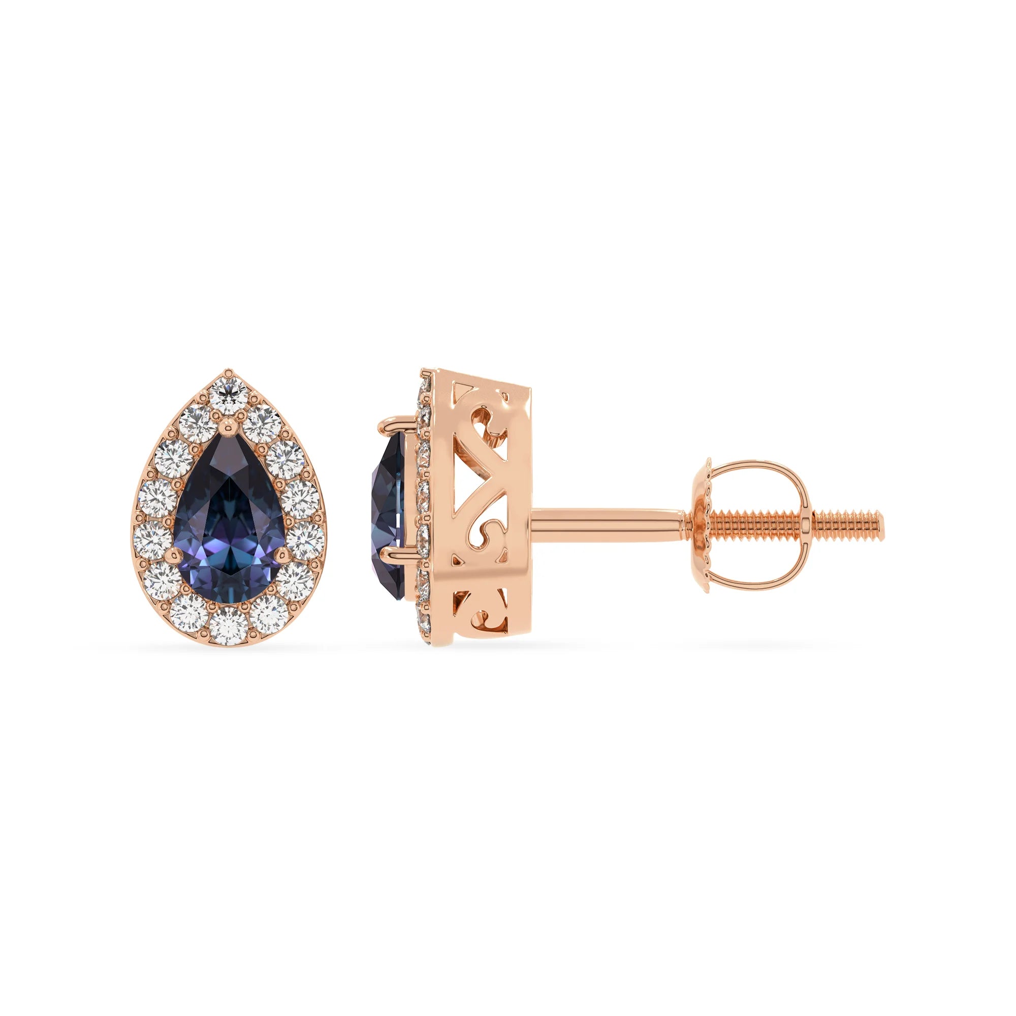 lab grown alexandrite pear stud earrings in rose gold 
