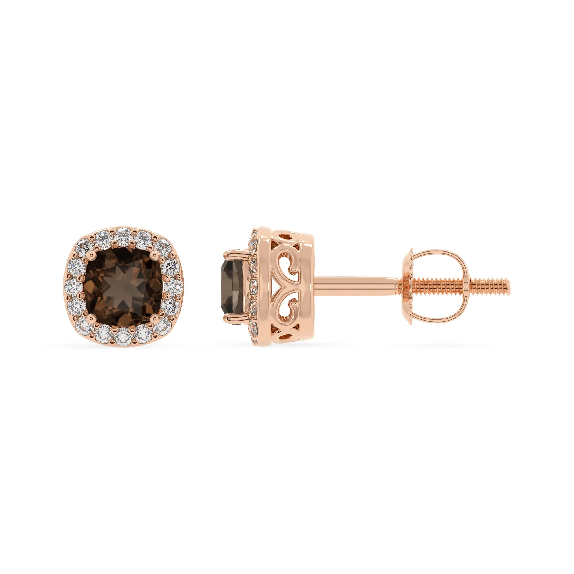 natural smoky quartz cushion stud earrings in rose gold 