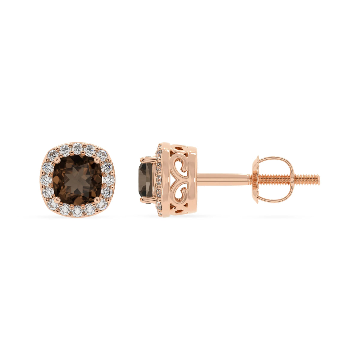 natural smoky quartz cushion stud earrings in rose gold 