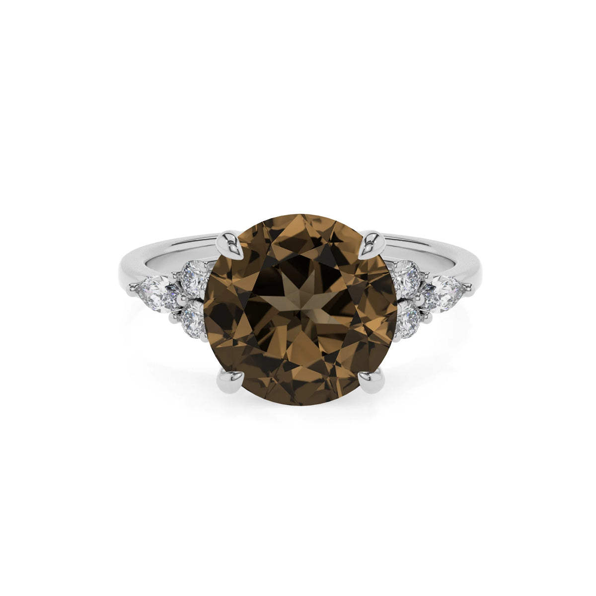 natural smoky-quartz round solitaire rings in white gold 