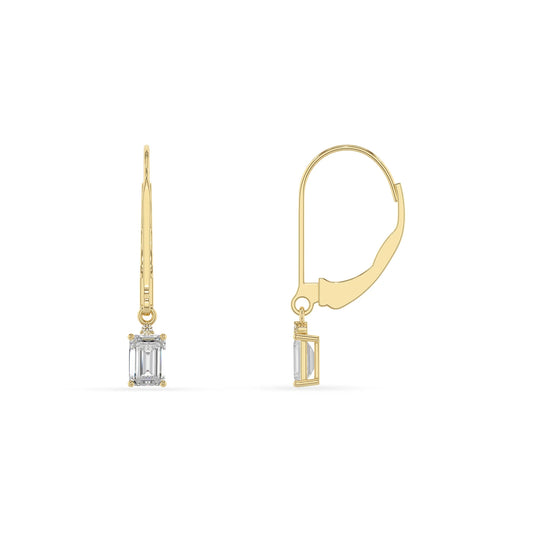 lab grown moissanite emerald cut drop earrings in yellow gold 