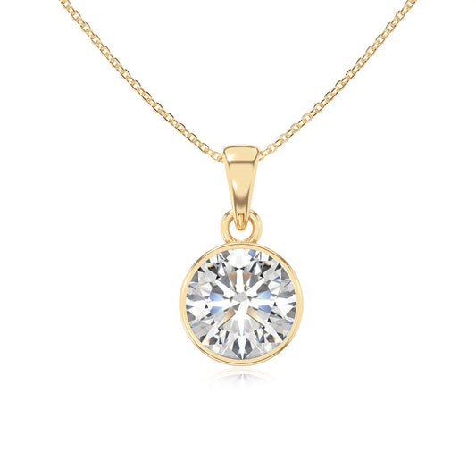 lab grown moissanite round solitaire necklaces in yellow gold 