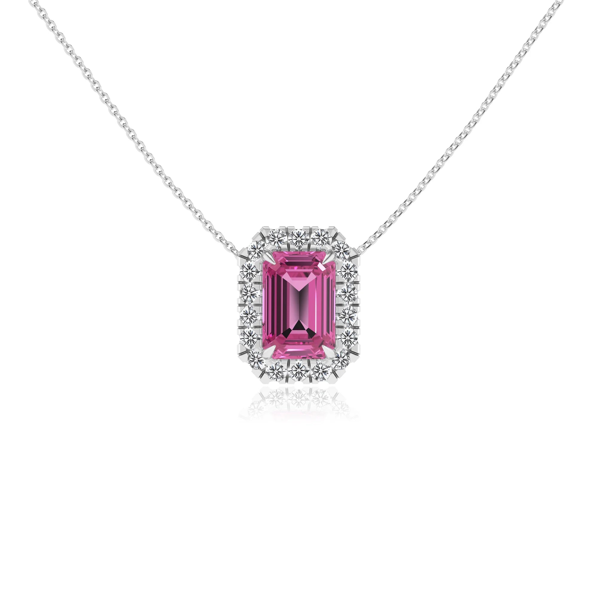 lab grown pink sapphire emerald cut solitaire necklaces in platinum 