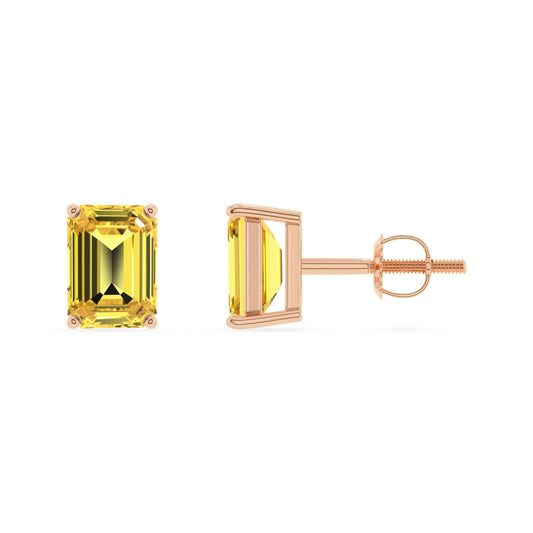 lab grown yellow sapphire emerald cut stud earrings in rose gold 