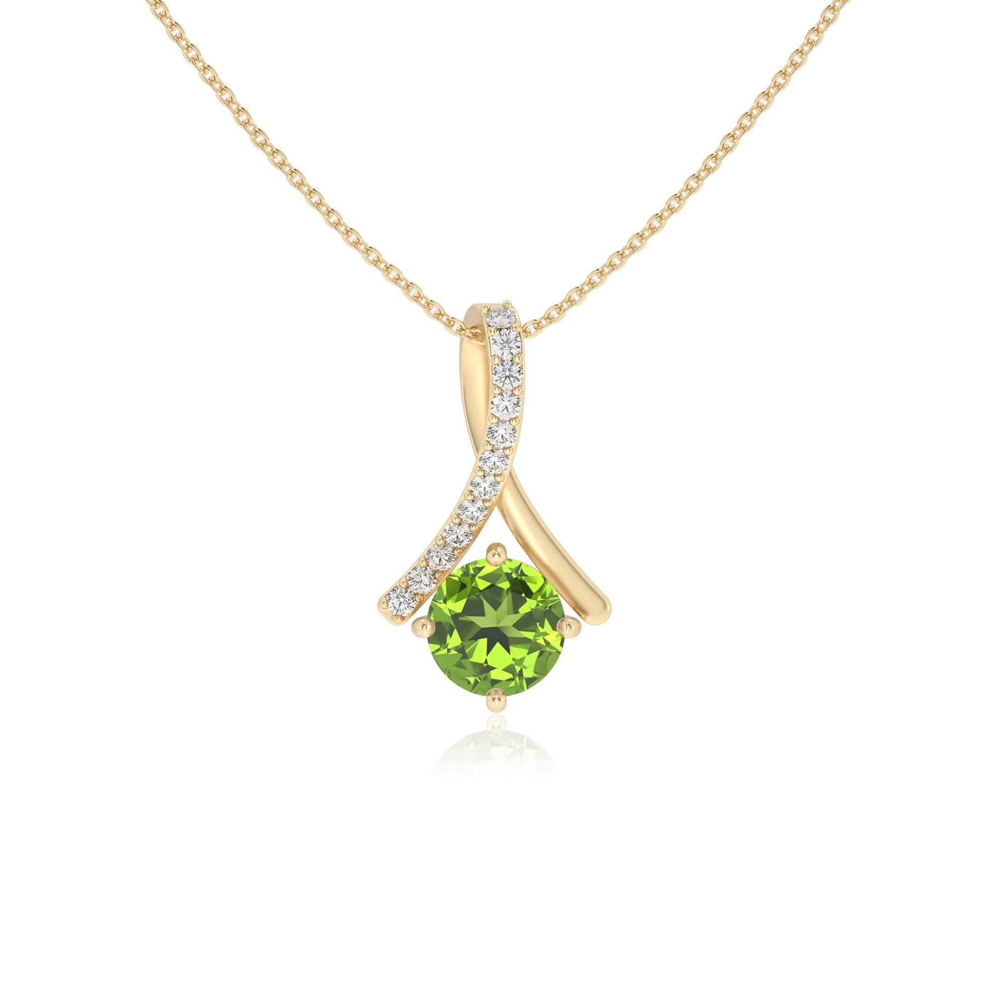 natural peridot round solitaire necklaces in yellow gold 