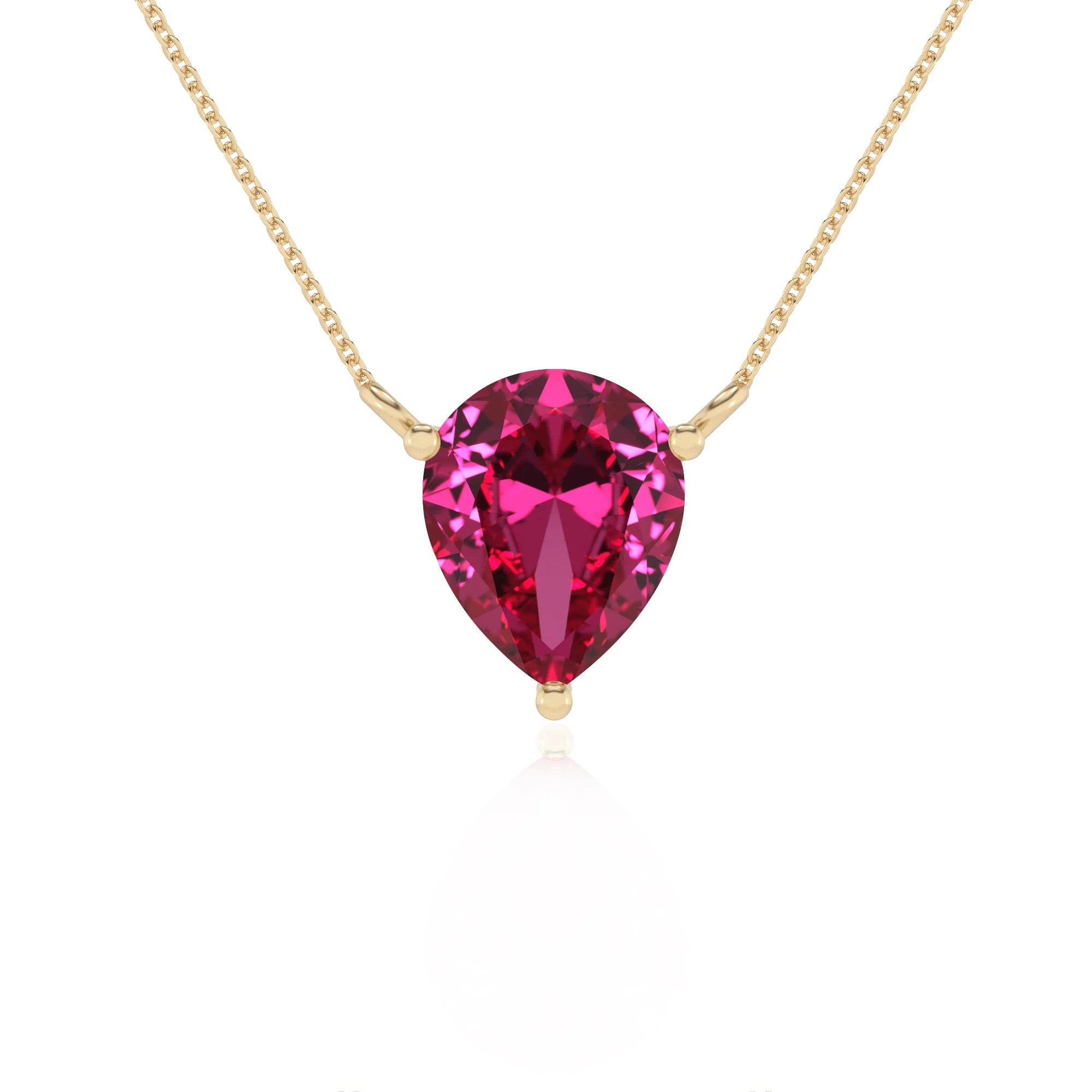 lab grown pink-sapphire pear solitaire necklaces in yellow gold 