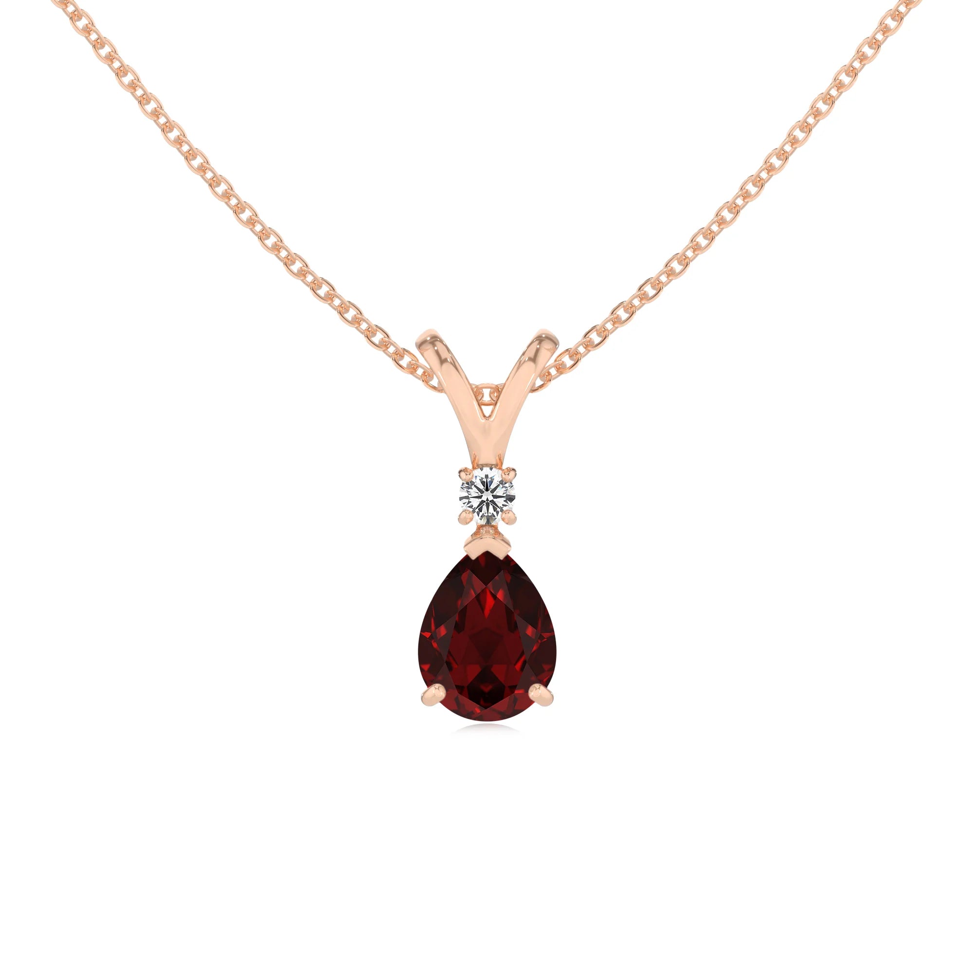 natural garnet pear solitaire v-bale necklaces in rose gold 
