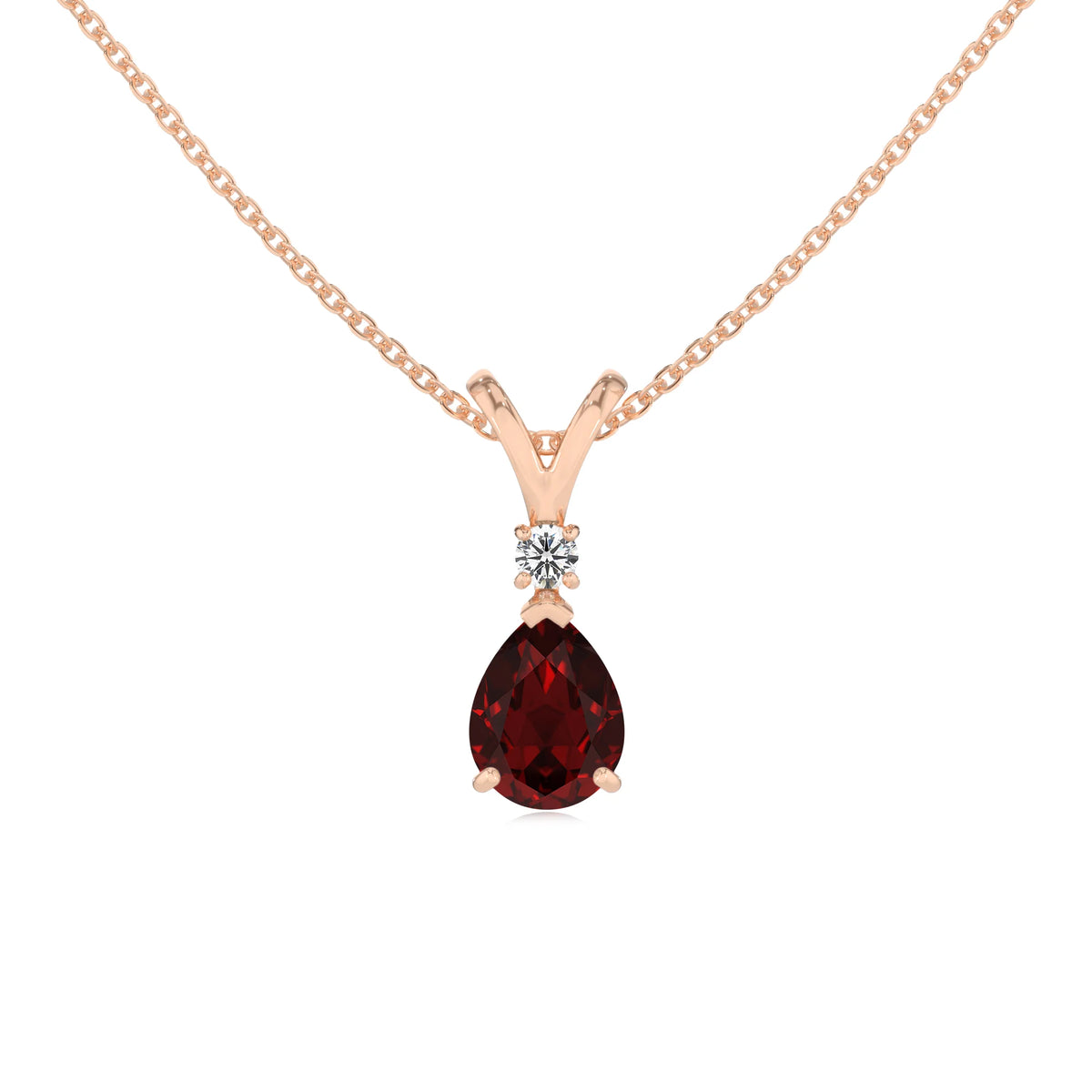 natural garnet pear solitaire v-bale necklaces in rose gold 