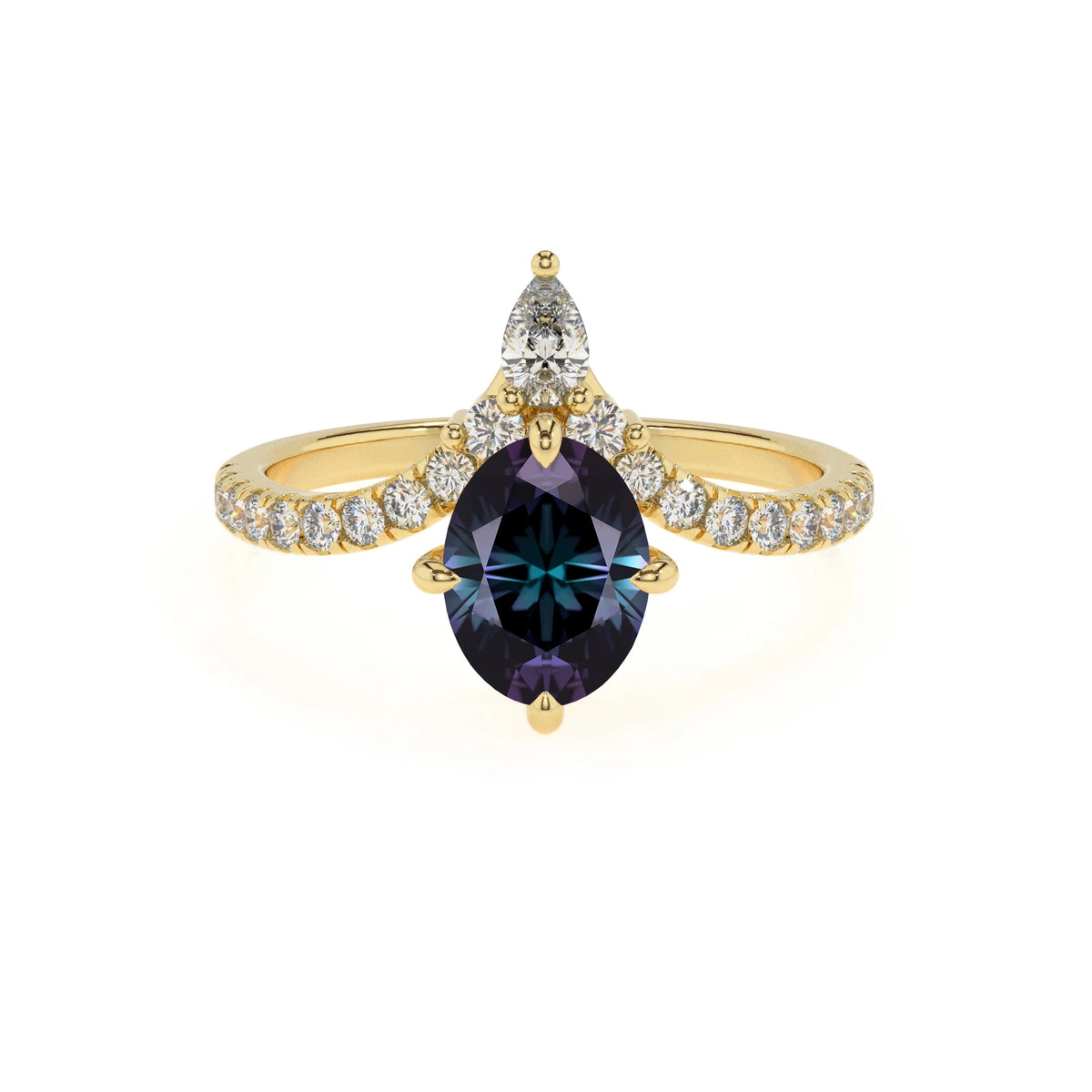 lab grown alexandrite oval solitaire rings in yellow gold 