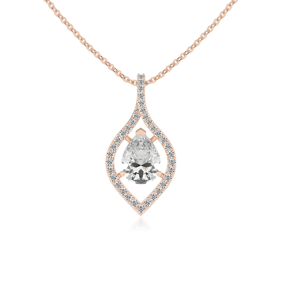 lab grown moissanite pear infinity necklaces in rose gold 