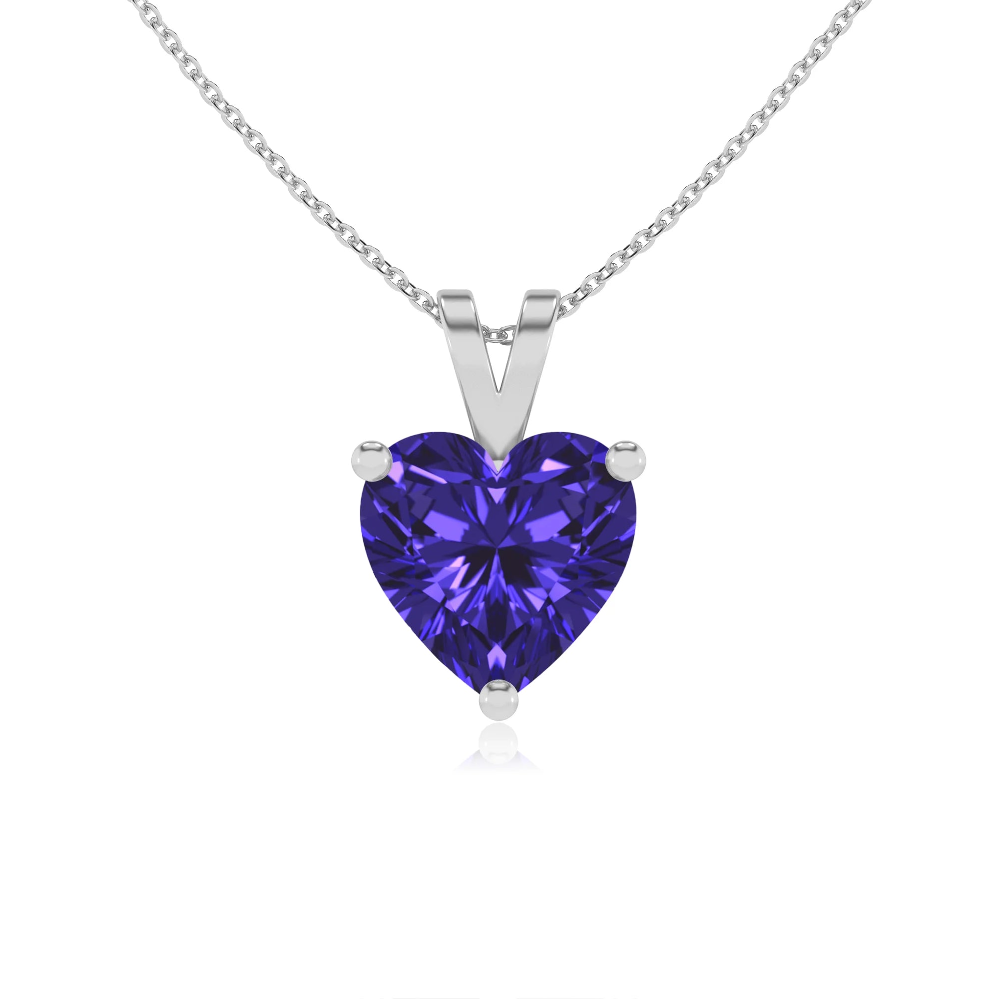 lab grown tanzanite heart solitaire v-bale necklaces in white gold 