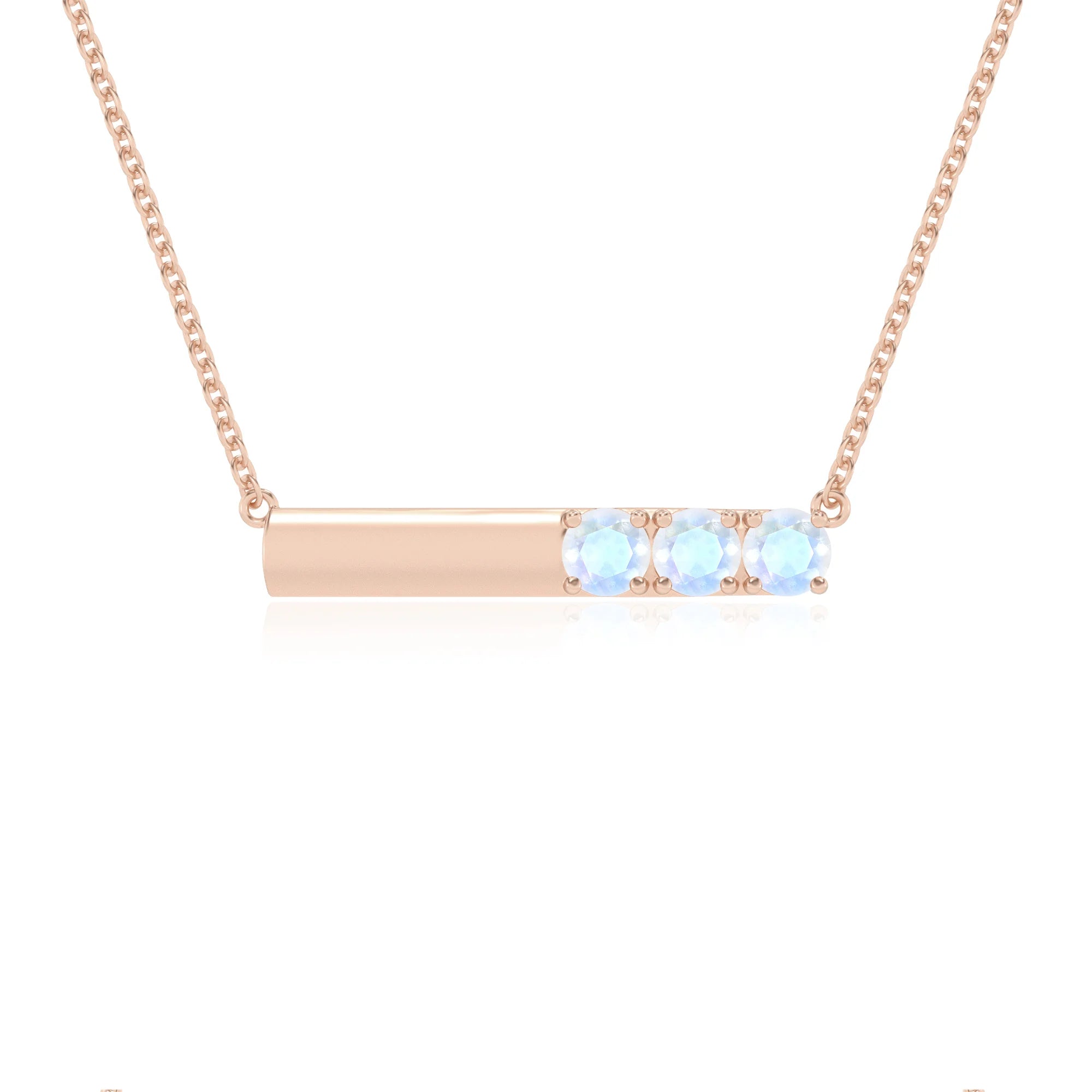 natural rainbow-moonstone round bar v-bale necklaces in rose gold 