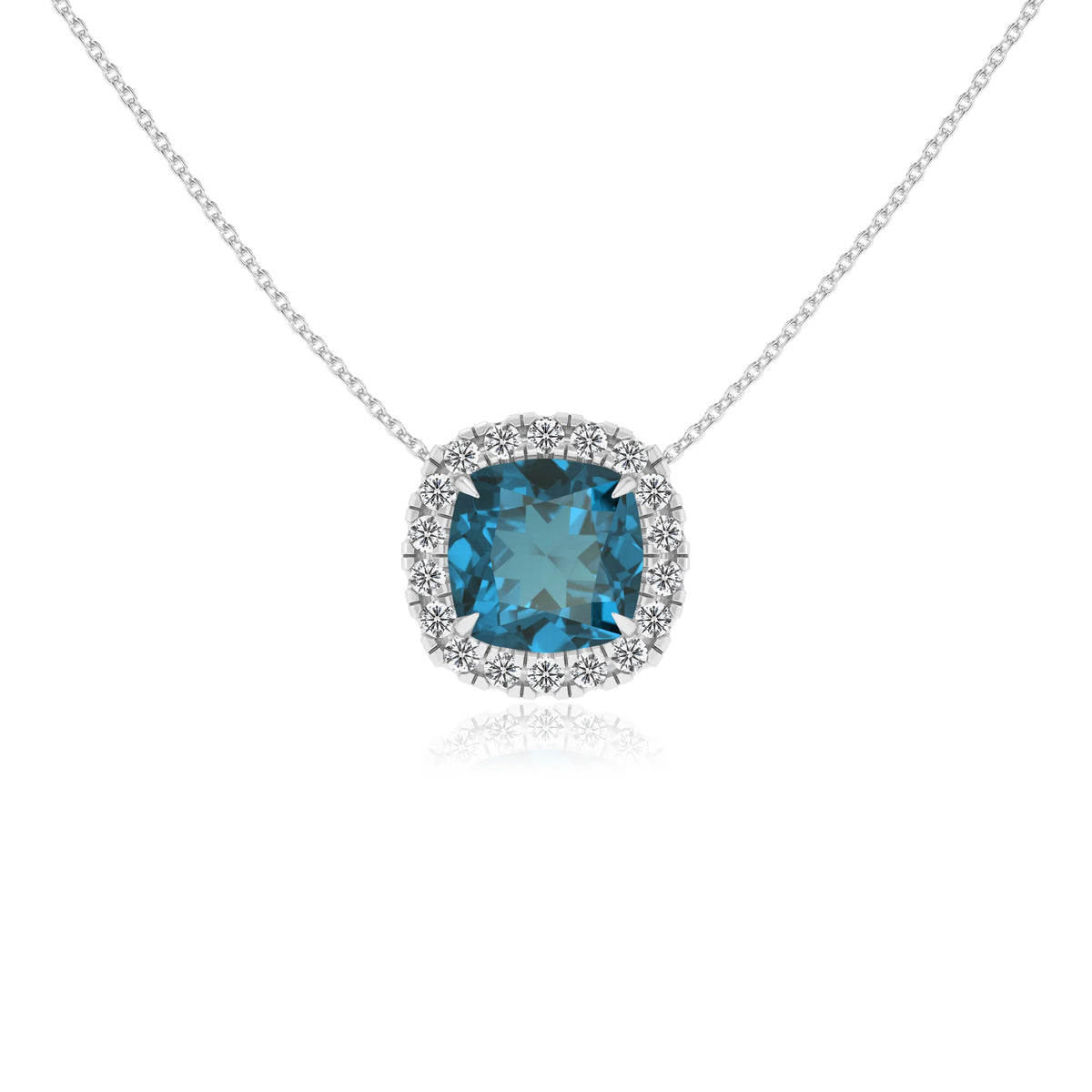 natural london blue topaz cushion solitaire necklaces in white gold 