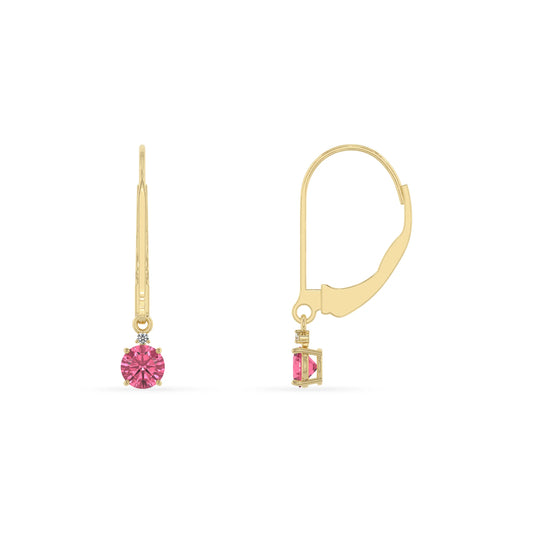 lab grown pink tourmaline round drop earrings in yellow gold 