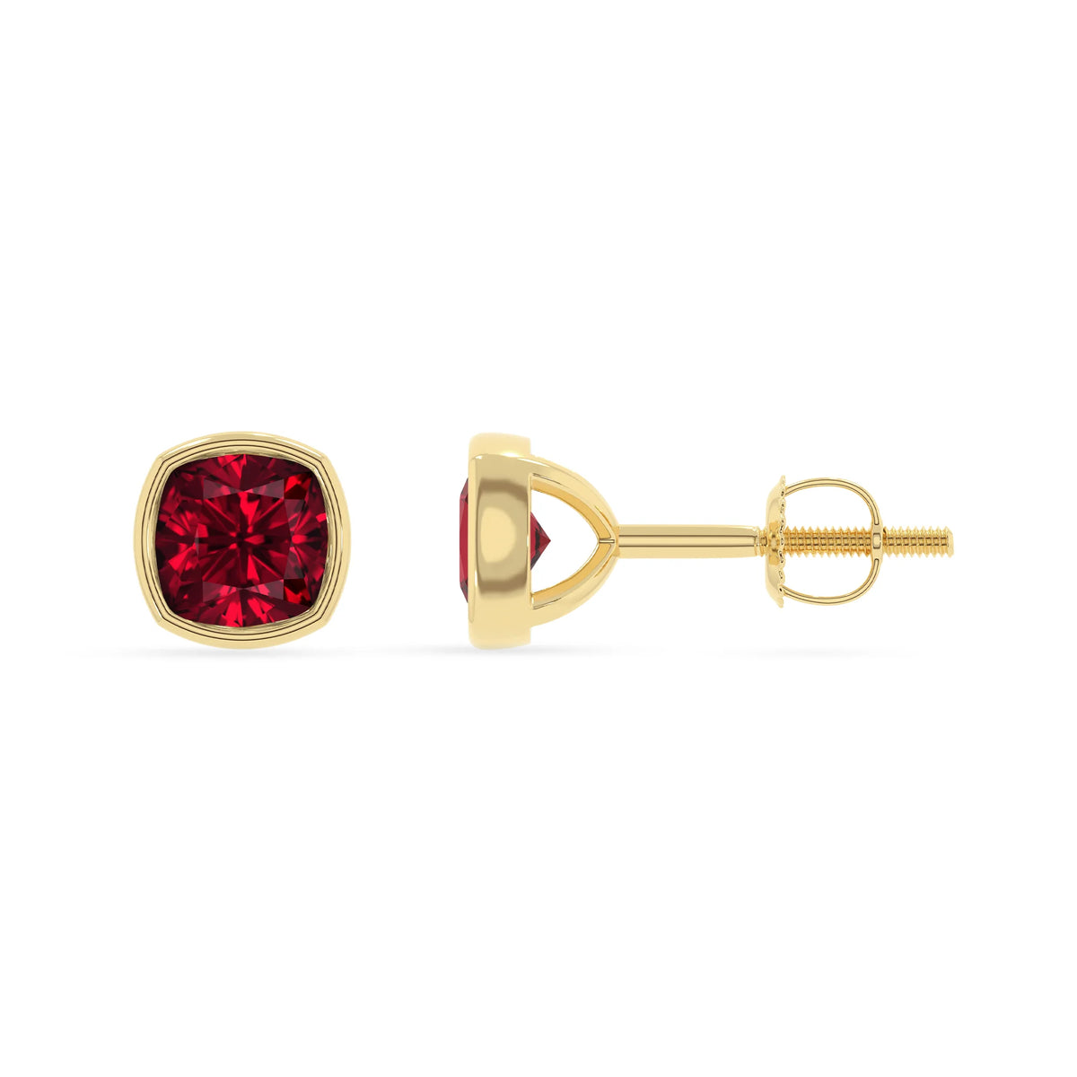 lab grown ruby cushion stud earrings in yellow gold 