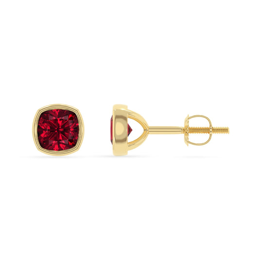 lab grown ruby cushion stud earrings in yellow gold 