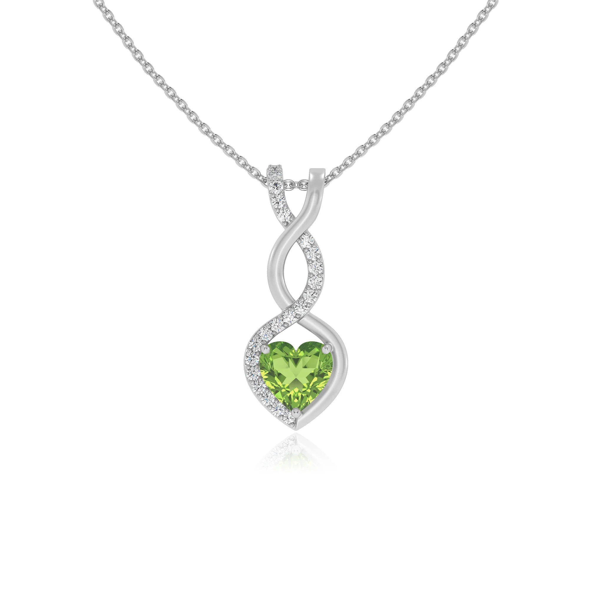 natural peridot heart infinity necklaces in white gold 