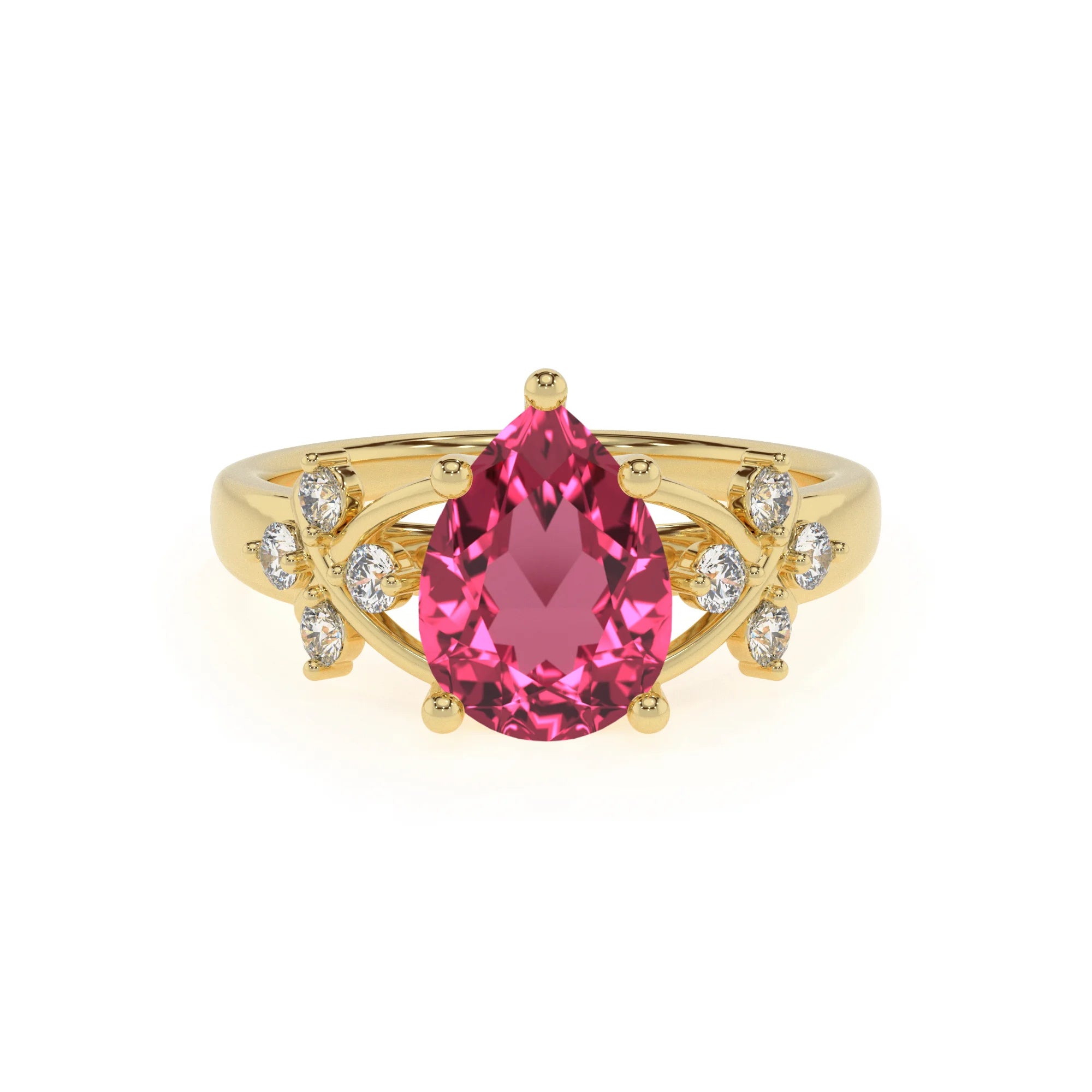 lab grown pink-tourmaline pear solitaire rings in yellow gold 