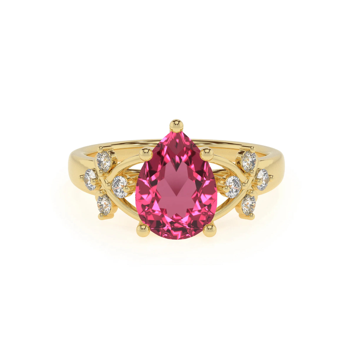 lab grown pink-tourmaline pear solitaire rings in yellow gold 