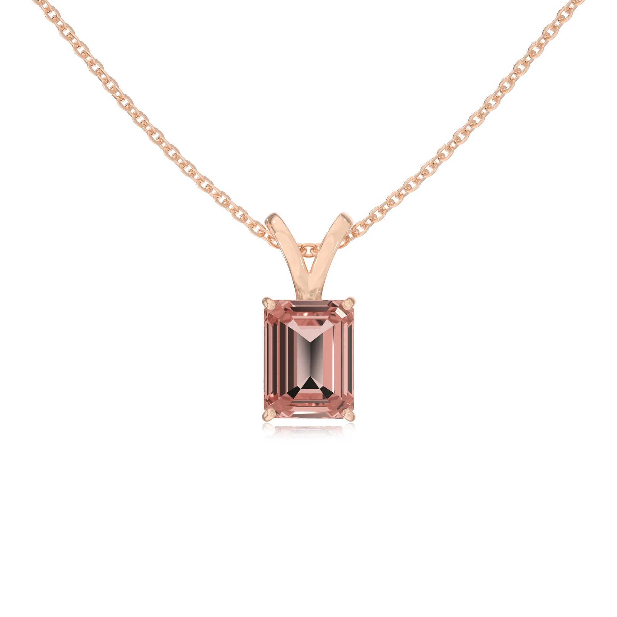 lab grown morganite emerald cut solitaire v-bale necklaces in rose gold 