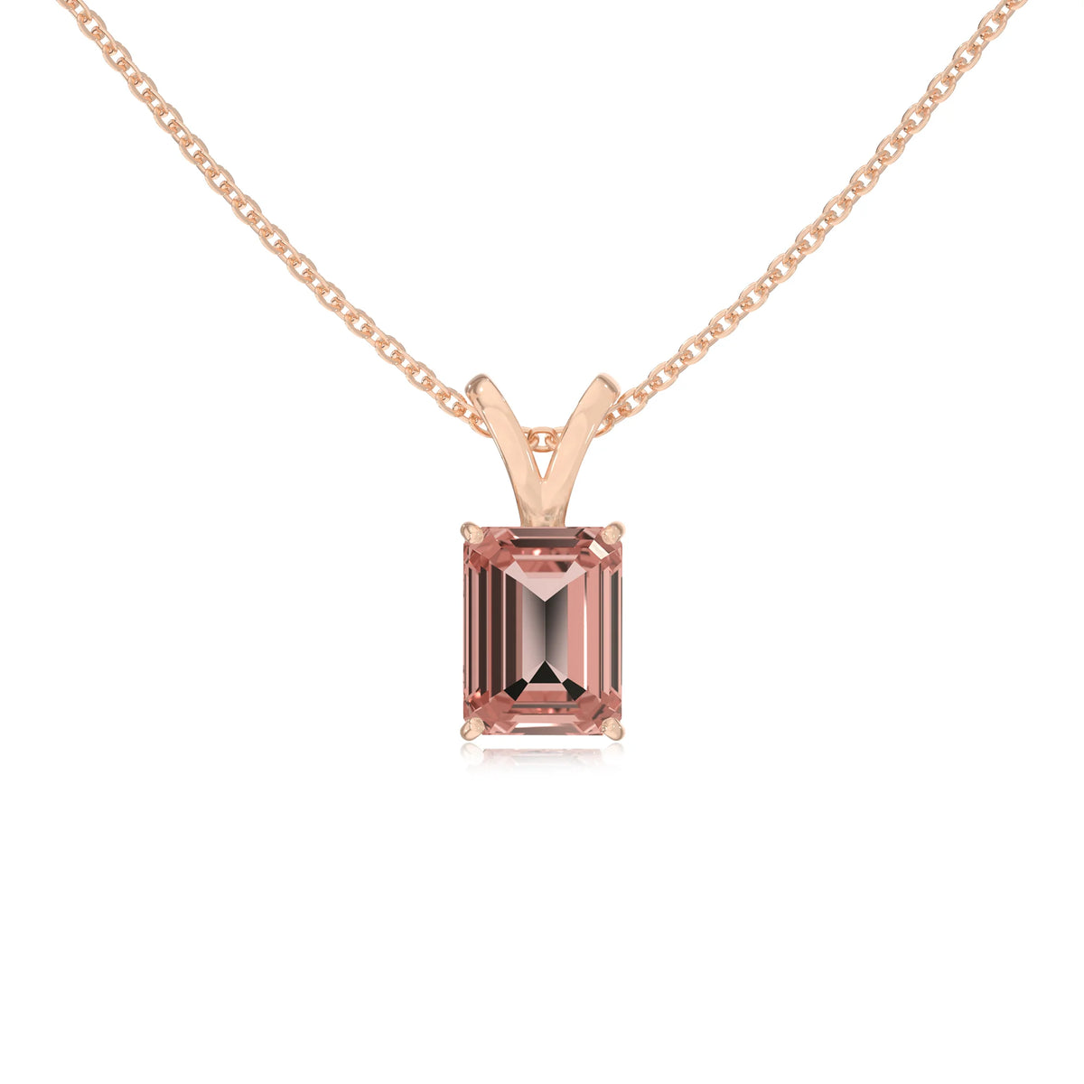 lab grown morganite emerald cut solitaire v-bale necklaces in rose gold 