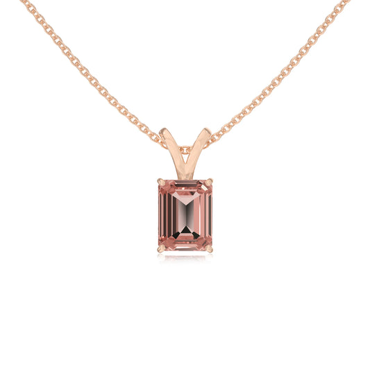 lab grown morganite emerald cut solitaire v-bale necklaces in rose gold 