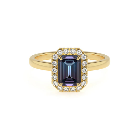 lab grown alexandrite emerald cut solitaire rings in yellow gold 