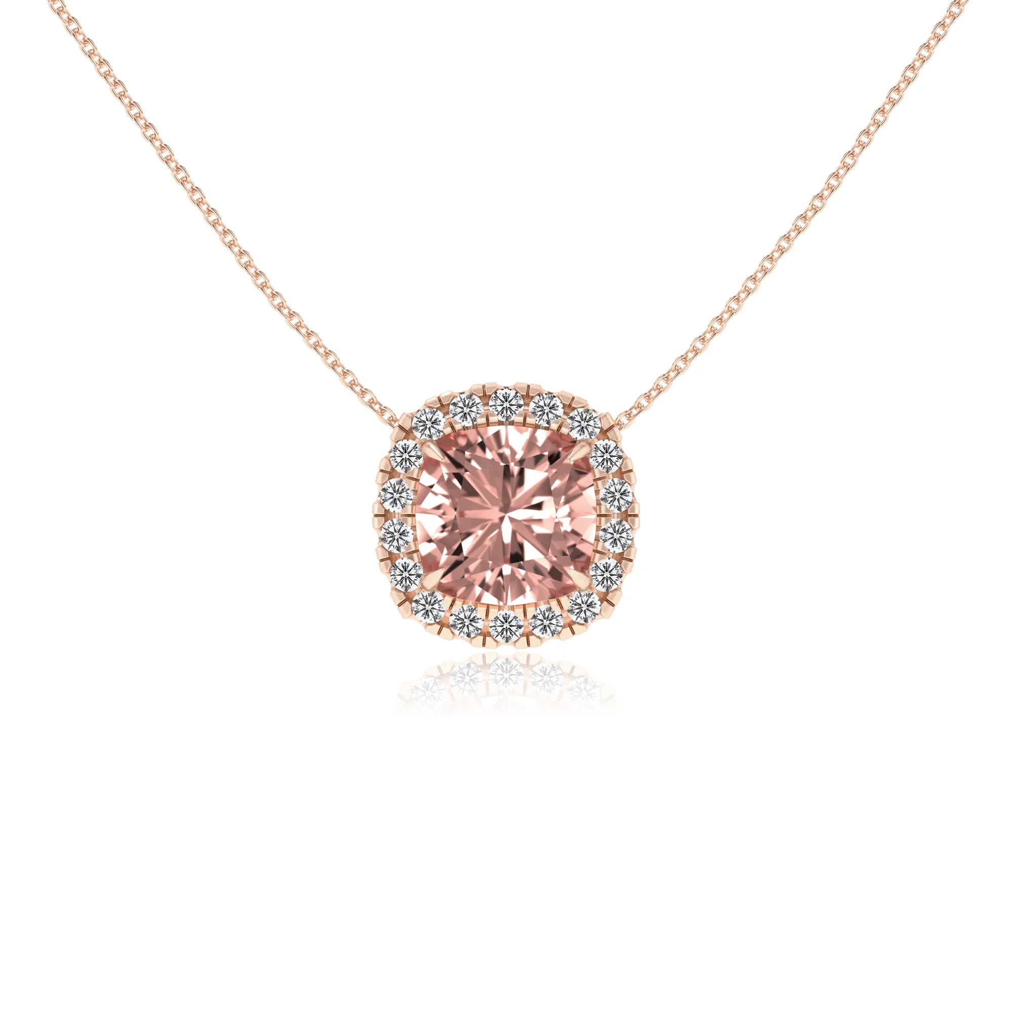 lab grown morganite cushion solitaire necklaces in rose gold 