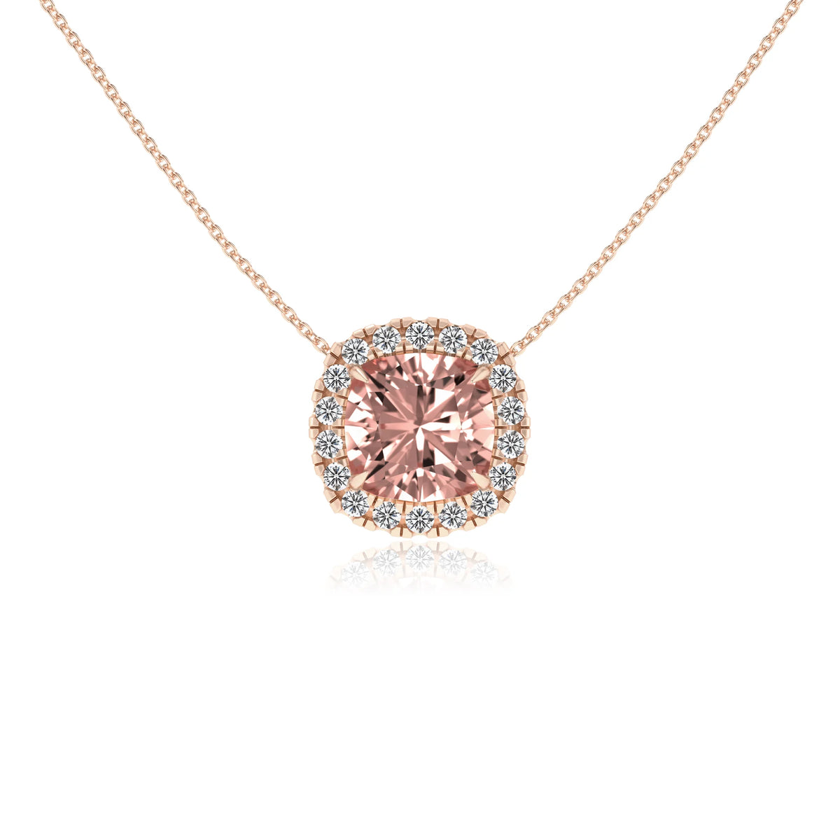 lab grown morganite cushion solitaire necklaces in rose gold 