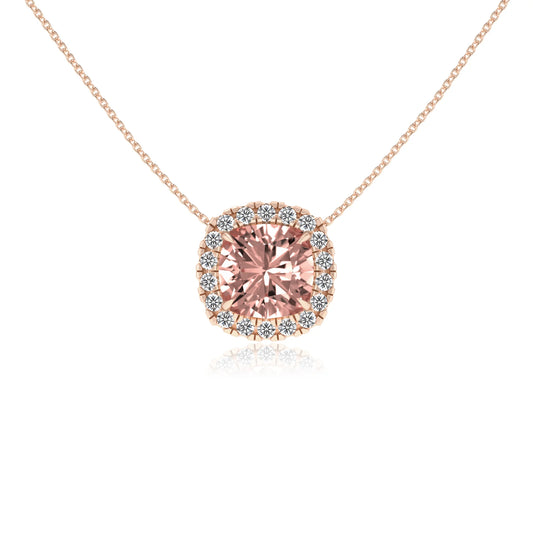 lab grown morganite cushion solitaire necklaces in rose gold 