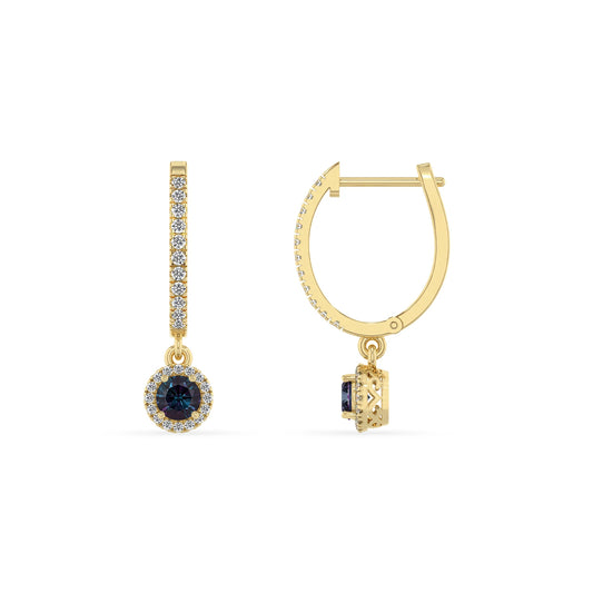 lab grown alexandrite round drop earrings in yellow gold 