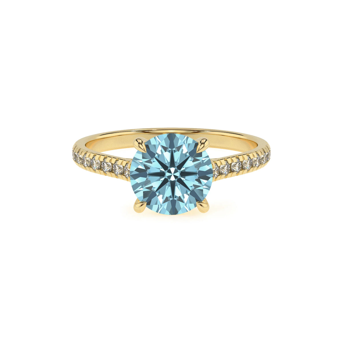 lab grown aquamarine round half eternity solitaire engagement rings in yellow gold 