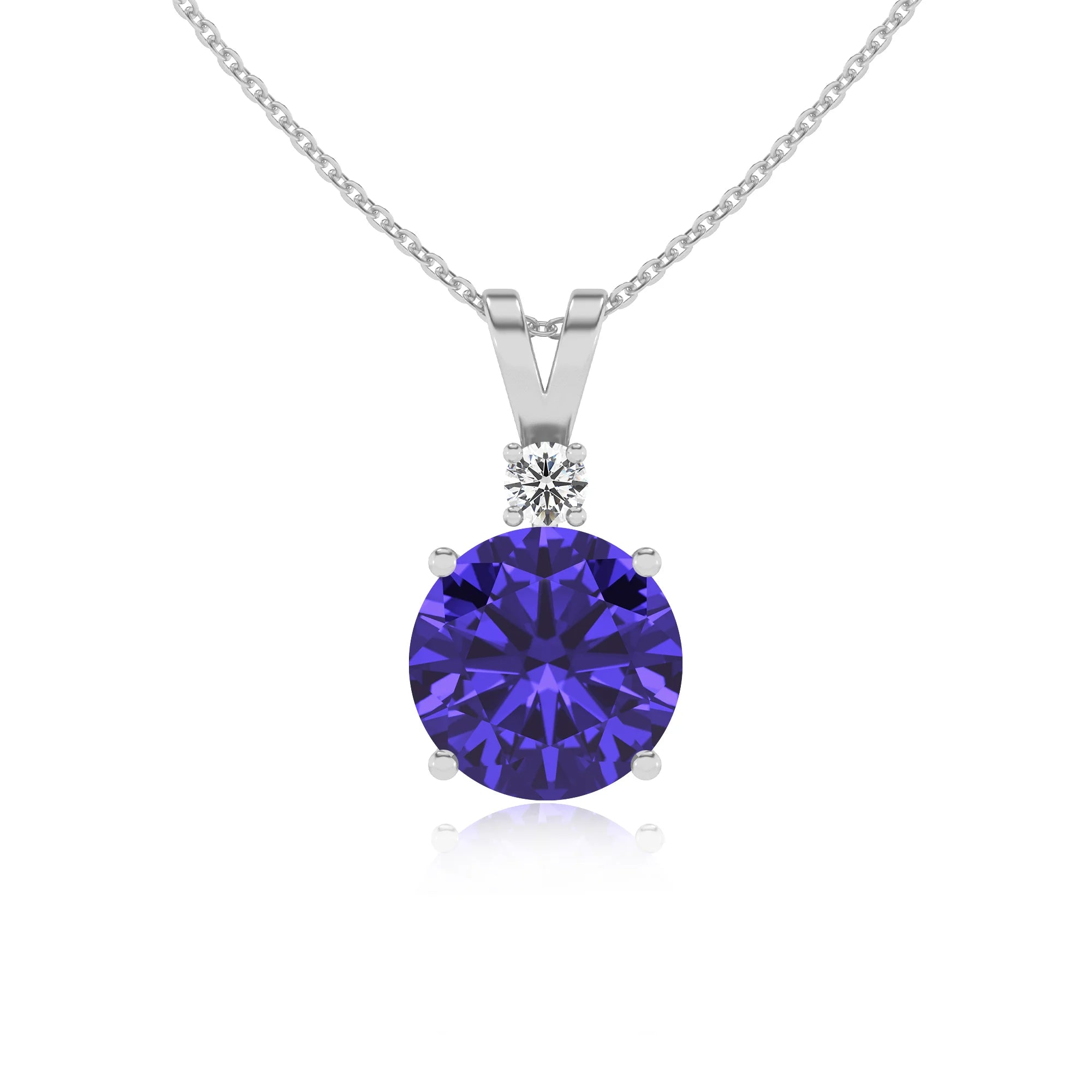 lab grown tanzanite round solitaire v-bale necklaces in white gold 